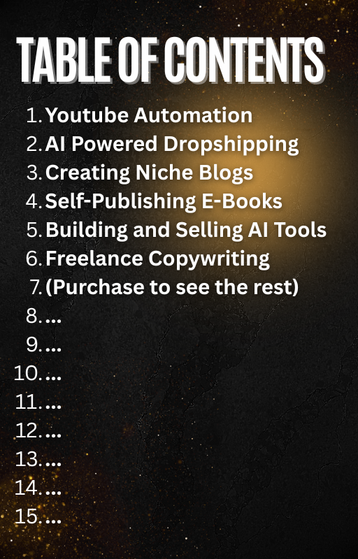 Table of contents page from Cleverer AI money making strategies e-book listing topics like YouTube automation and dropshipping